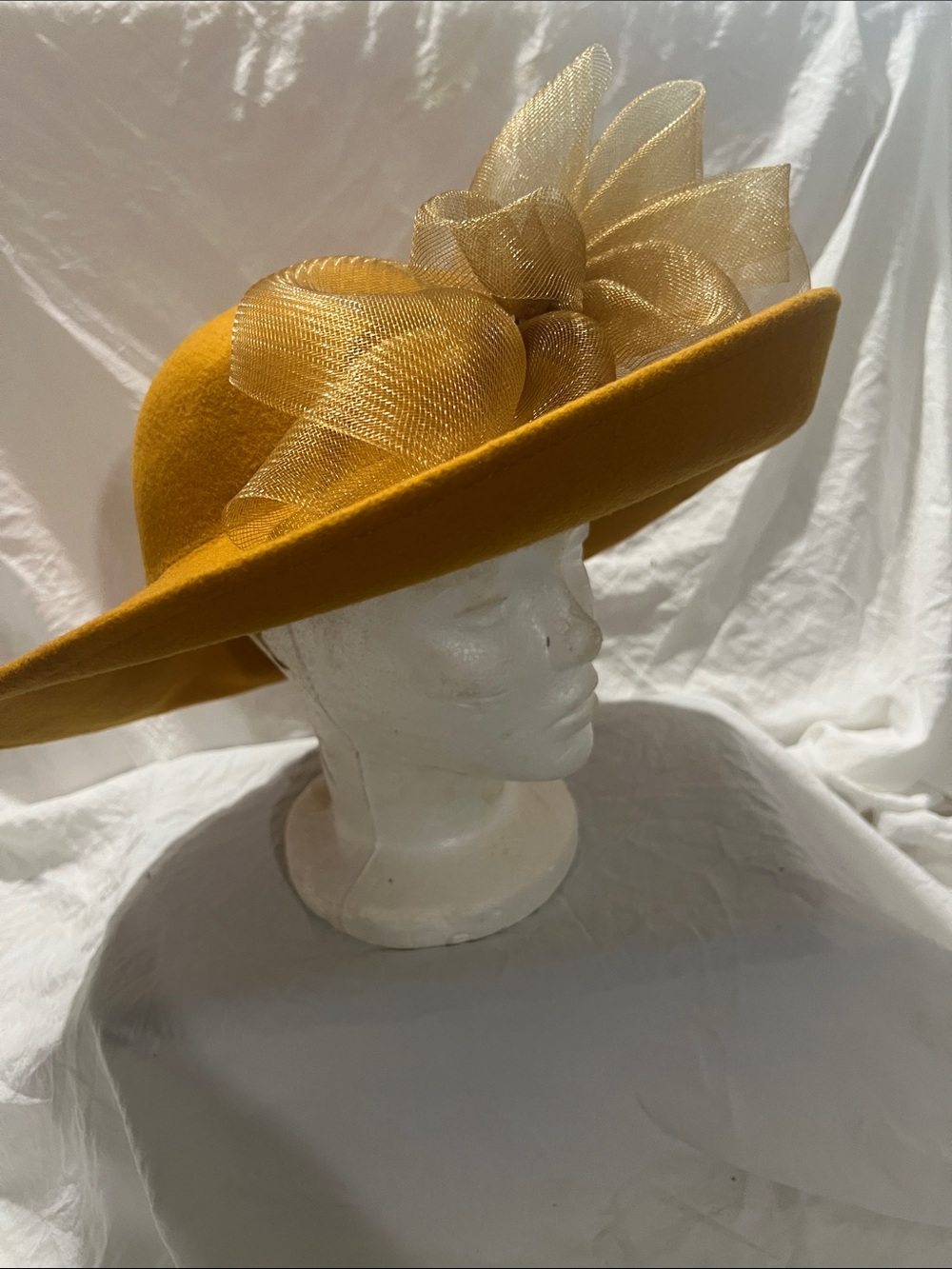Elegant Women's Mustard Felt Wide-Brim Hat with Gold Organza Accent